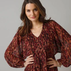 Feestoutfits Dames|Jurk<Lora Zellini Korte jurk met wijde mouwen, bedrukte voile bordeaux