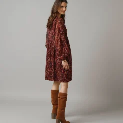 Feestoutfits Dames|Jurk<Lora Zellini Korte jurk met wijde mouwen, bedrukte voile bordeaux