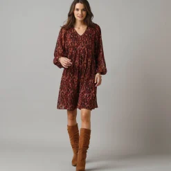 Feestoutfits Dames|Jurk<Lora Zellini Korte jurk met wijde mouwen, bedrukte voile bordeaux