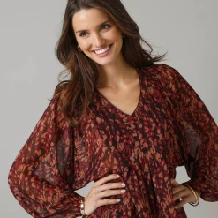 Feestoutfits Dames|Jurk<Lora Zellini Korte jurk met wijde mouwen, bedrukte voile bordeaux