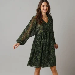 Feestoutfits Dames|Jurk<Lora Zellini Korte jurk met wijde mouwen, bedrukte voile kaki