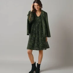 Feestoutfits Dames|Jurk<Lora Zellini Korte jurk met wijde mouwen, bedrukte voile kaki