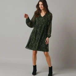 Feestoutfits Dames|Jurk<Lora Zellini Korte jurk met wijde mouwen, bedrukte voile kaki