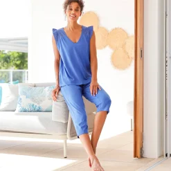 Pyjama<Blancheporte Korte pyjama in jersey en broderie anglaise blauw