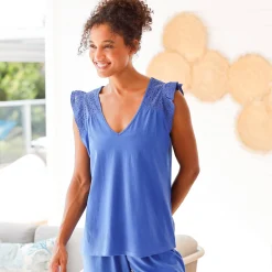 Pyjama<Blancheporte Korte pyjama in jersey en broderie anglaise blauw