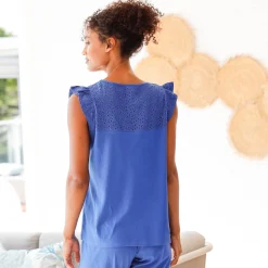 Pyjama<Blancheporte Korte pyjama in jersey en broderie anglaise blauw
