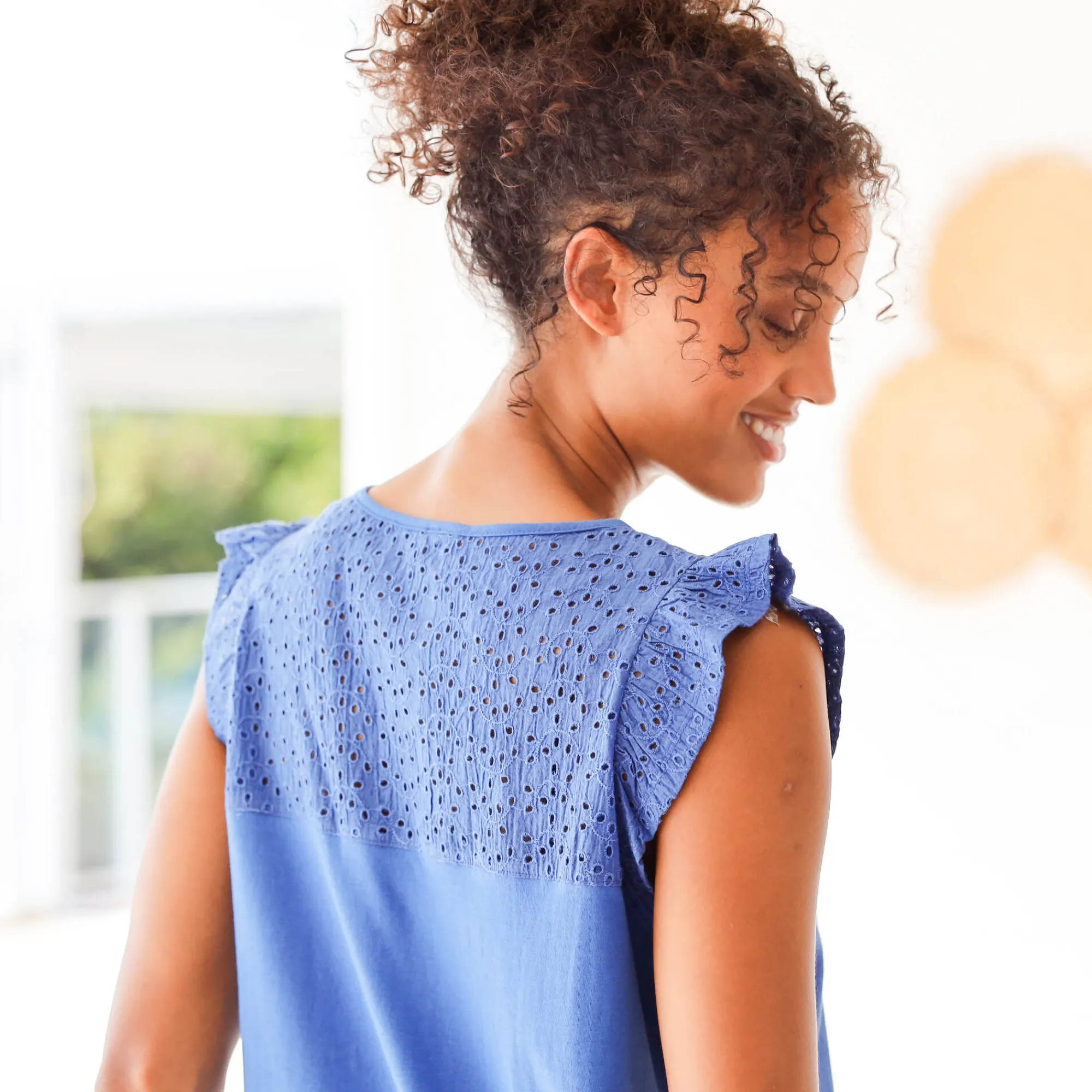 Pyjama<Blancheporte Korte pyjama in jersey en broderie anglaise blauw