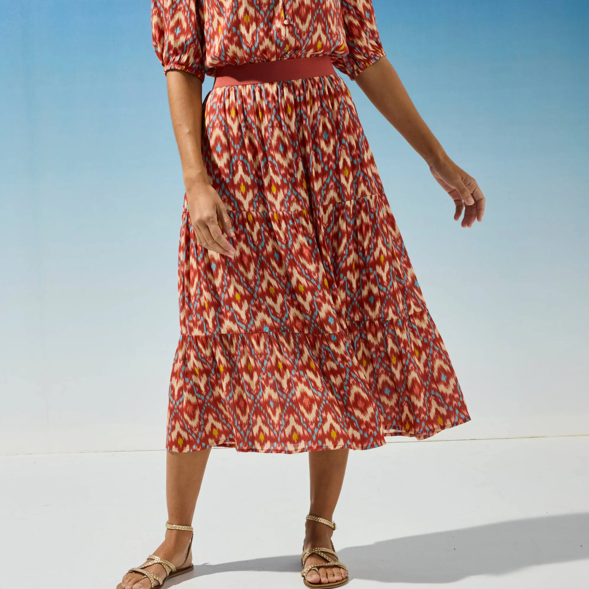 Rok<Blancheporte Korte strokenrok met ikatprint, crepon terracotta
