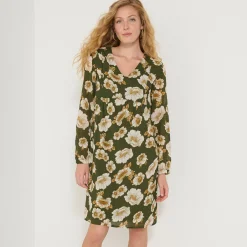 Jurk<Blancheporte Korte textuurjurk met bloemenprint kaki
