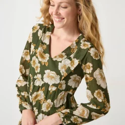Jurk<Blancheporte Korte textuurjurk met bloemenprint kaki