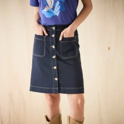 Rok<Blancheporte Korte, uitlopende jeansrok met knopen raw