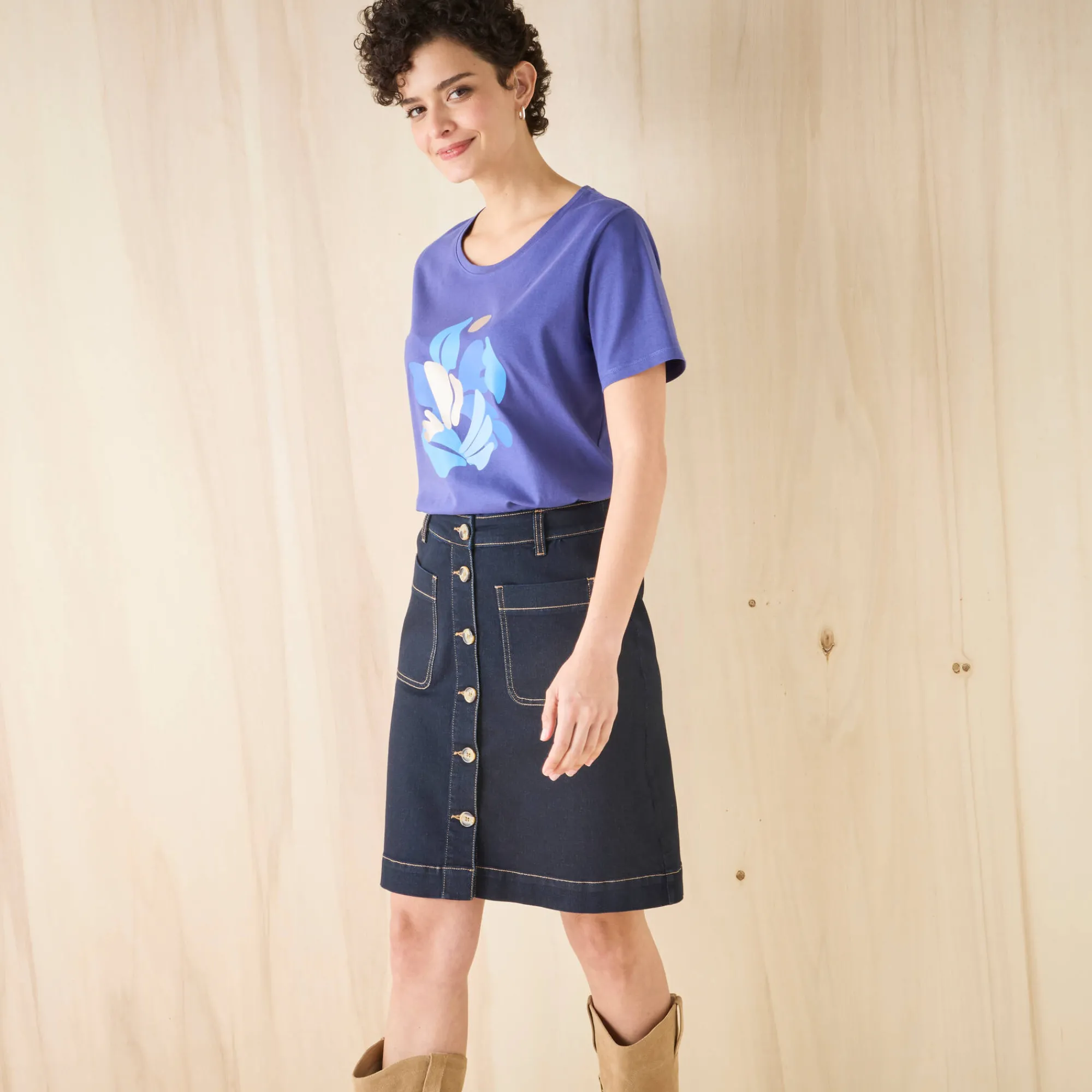 Rok<Blancheporte Korte, uitlopende jeansrok met knopen raw