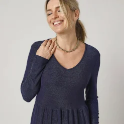 Feestoutfits Dames|Jurk<Blancheporte Korte, uitlopende jurk in glanzend tricot, lange mouwen felblauw