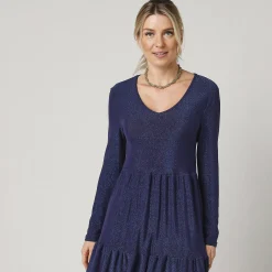 Feestoutfits Dames|Jurk<Blancheporte Korte, uitlopende jurk in glanzend tricot, lange mouwen felblauw