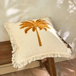 Kussen<Blancheporte Kussen met geborduurd palmboommotief naturel