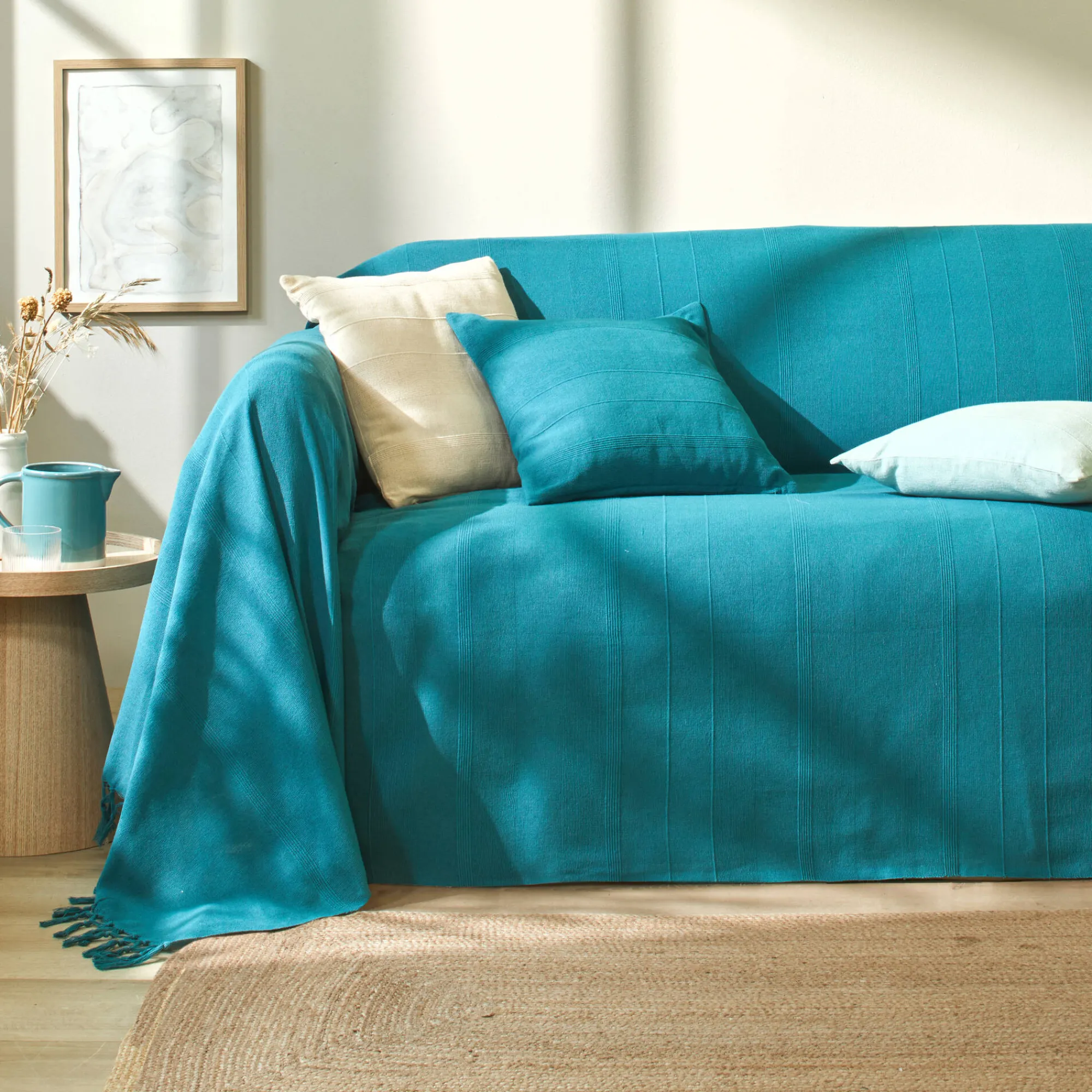 Kussenhoes<Blancheporte Kussenhoes in effen katoen met artisanaal weefsel - set van 2 eendenblauw
