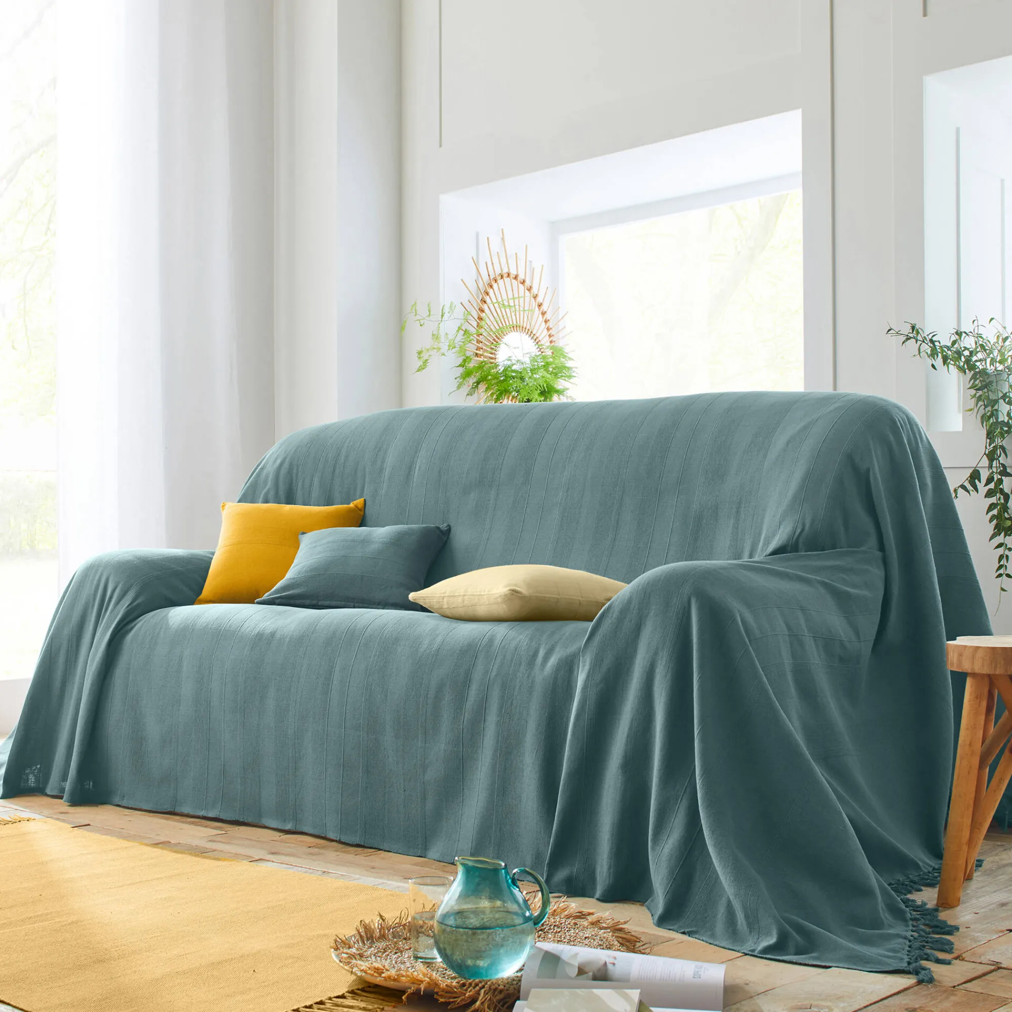 Kussenhoes<Blancheporte Kussenhoes in effen katoen met artisanaal weefsel - set van 2 kerrie