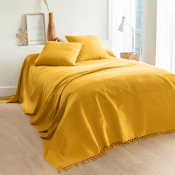 Kussenhoes<Blancheporte Kussenhoes in effen katoen met artisanaal weefsel - set van 2 kerrie