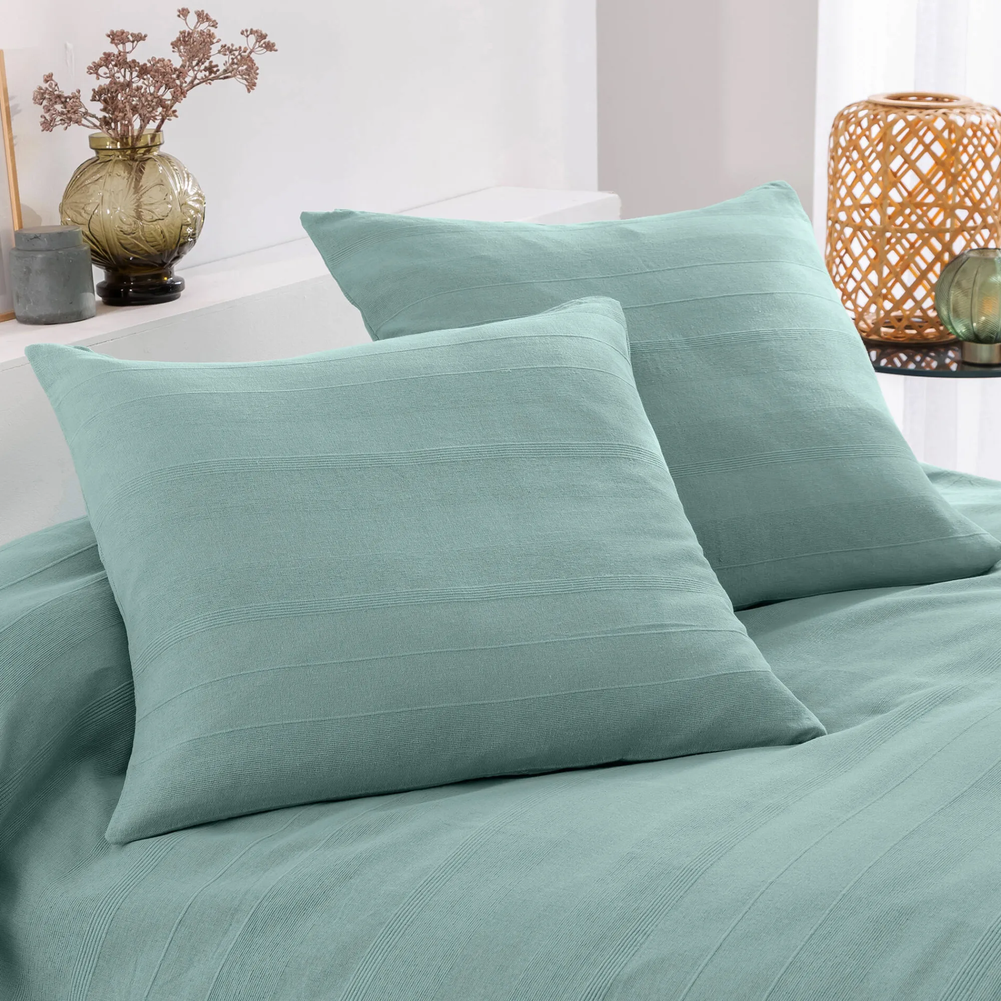 Kussenhoes<Blancheporte Kussenhoes in effen katoen met artisanaal weefsel - set van 2 celadon