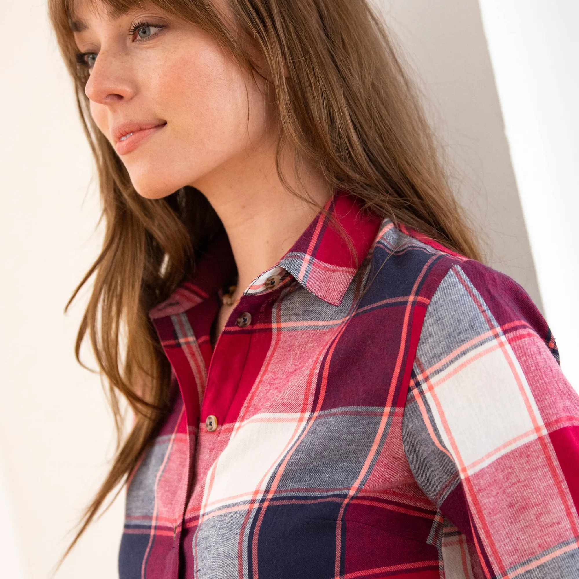 Bloes En Tuniek<Blancheporte Lang hemd in flanel met grote ruiten kersenrood / marine