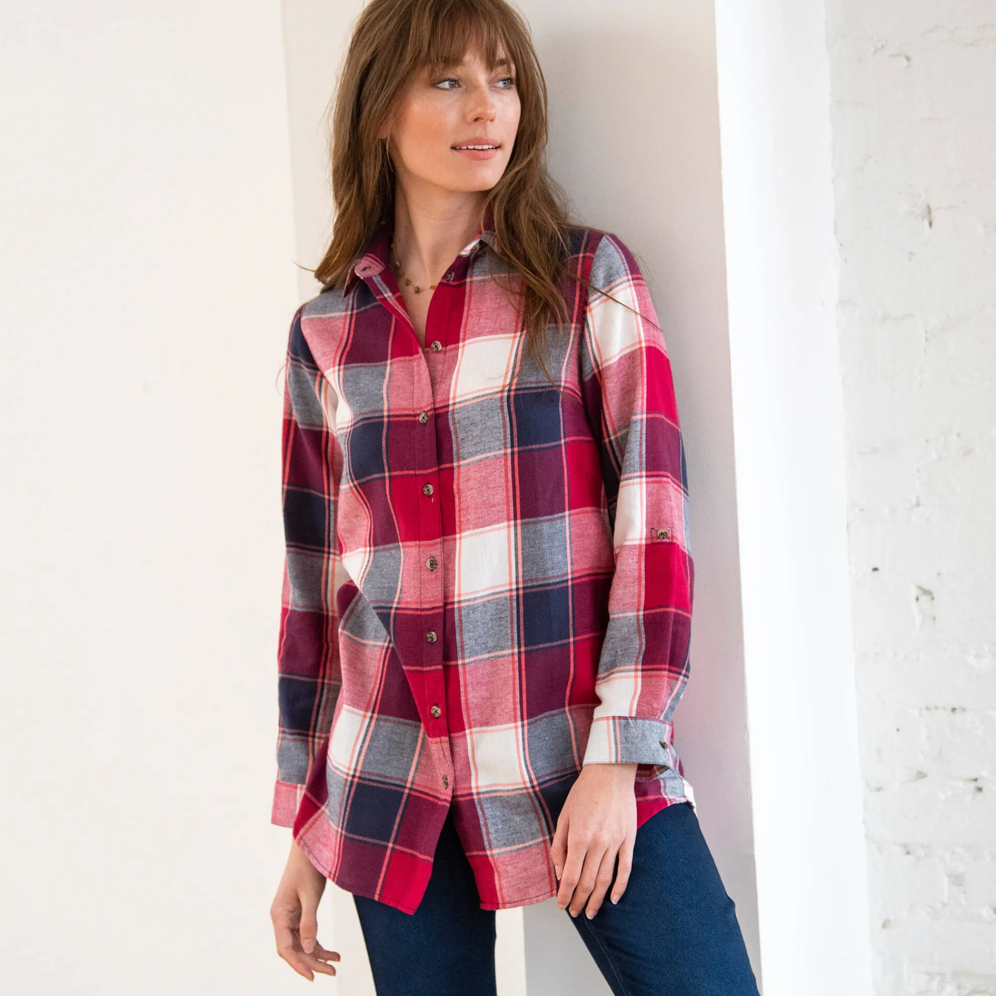 Bloes En Tuniek<Blancheporte Lang hemd in flanel met grote ruiten kersenrood / marine