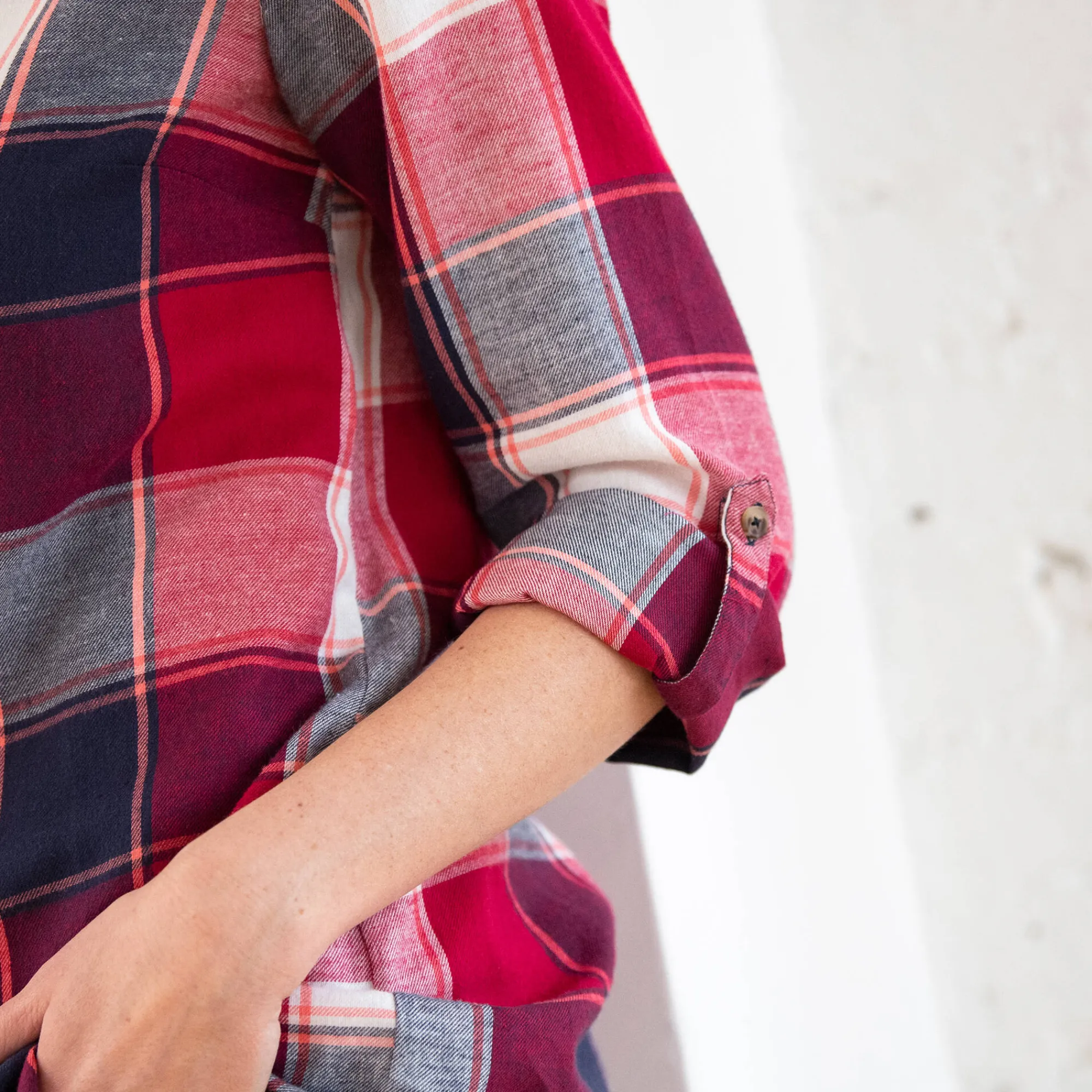 Bloes En Tuniek<Blancheporte Lang hemd in flanel met grote ruiten kersenrood / marine
