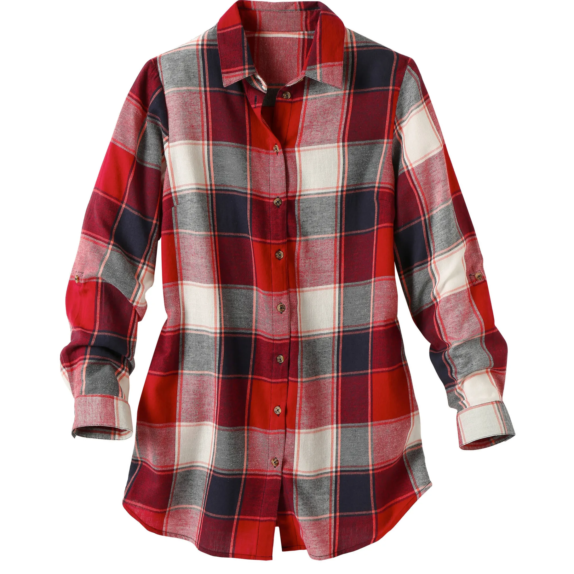 Bloes En Tuniek<Blancheporte Lang hemd in flanel met grote ruiten kersenrood / marine