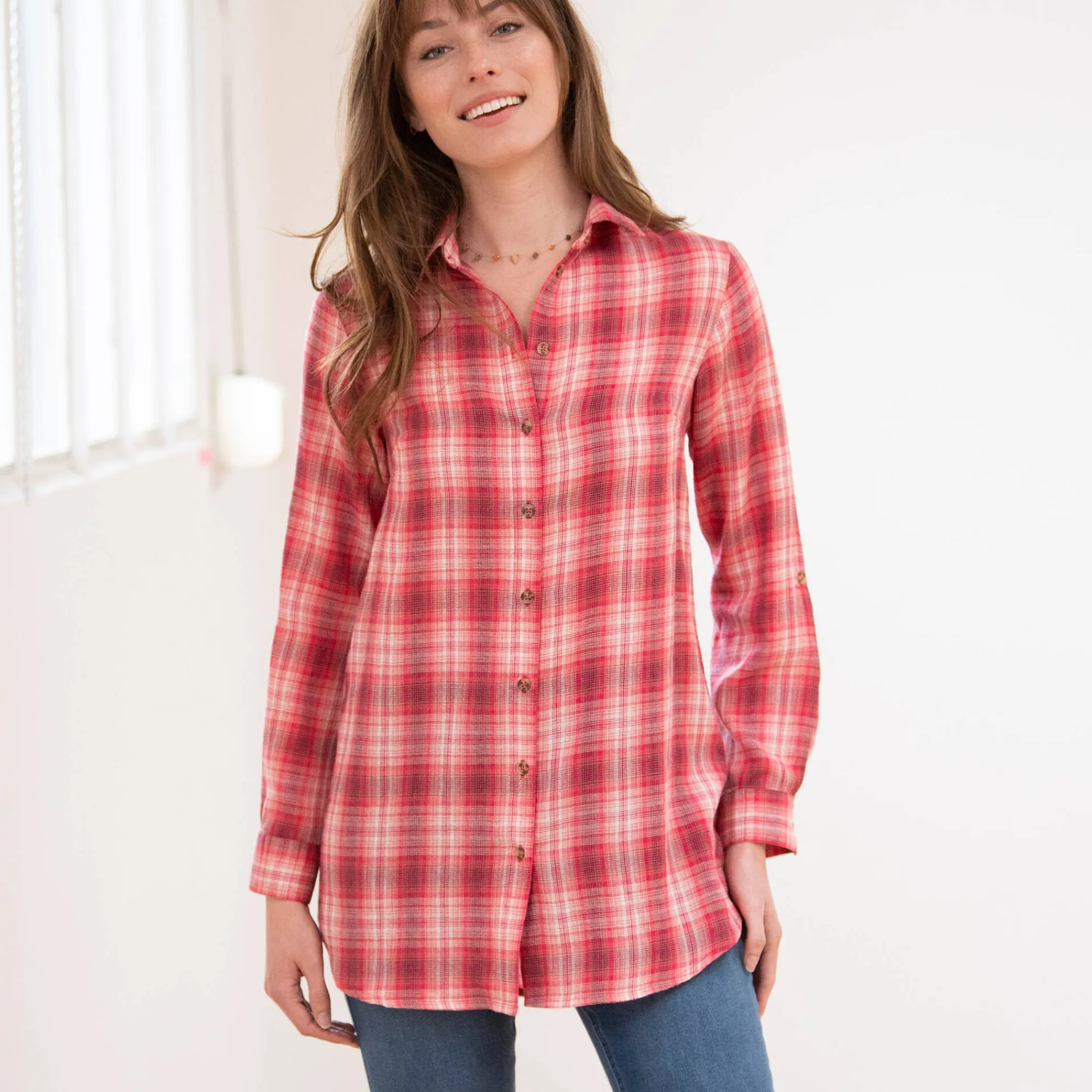 Bloes En Tuniek<Blancheporte Lang hemd in geruit flanel framboos