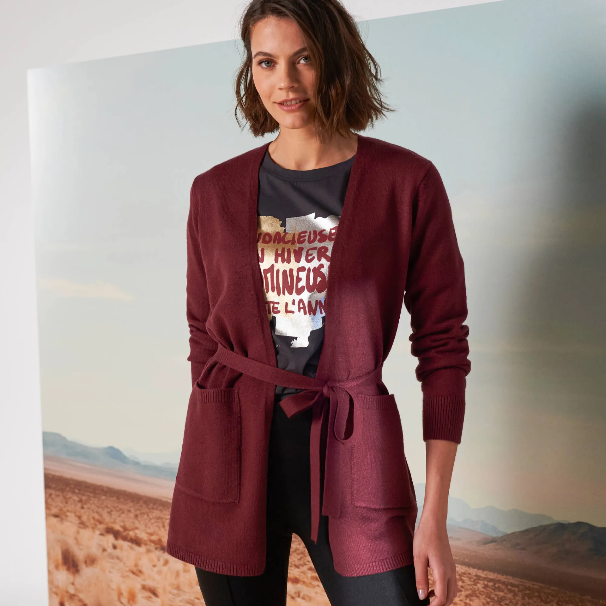 Trui En Vest<Blancheporte Lang vest, bindceintuur bordeaux