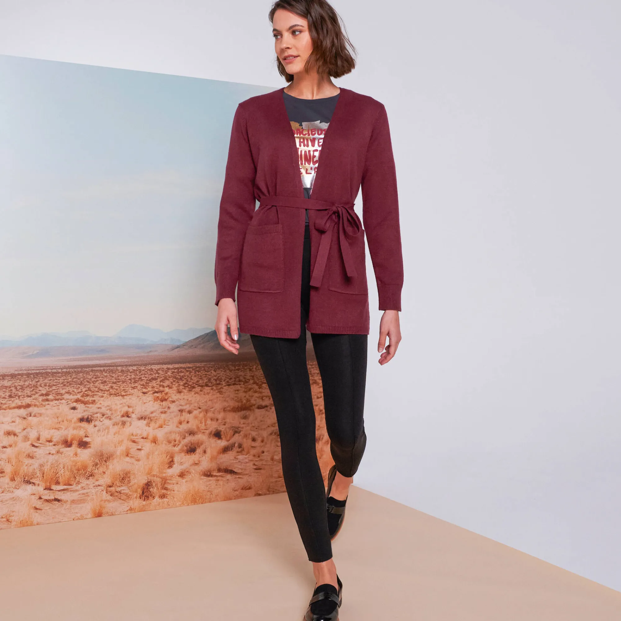 Trui En Vest<Blancheporte Lang vest, bindceintuur bordeaux