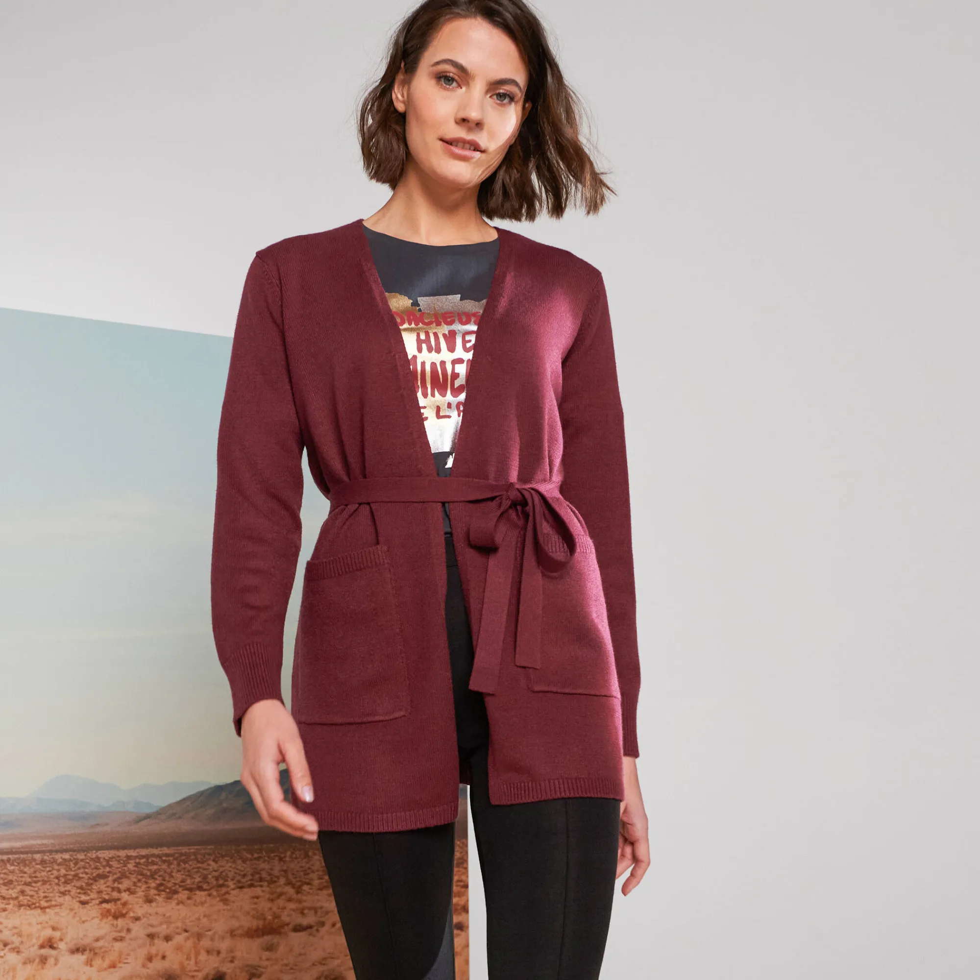 Trui En Vest<Blancheporte Lang vest, bindceintuur bordeaux