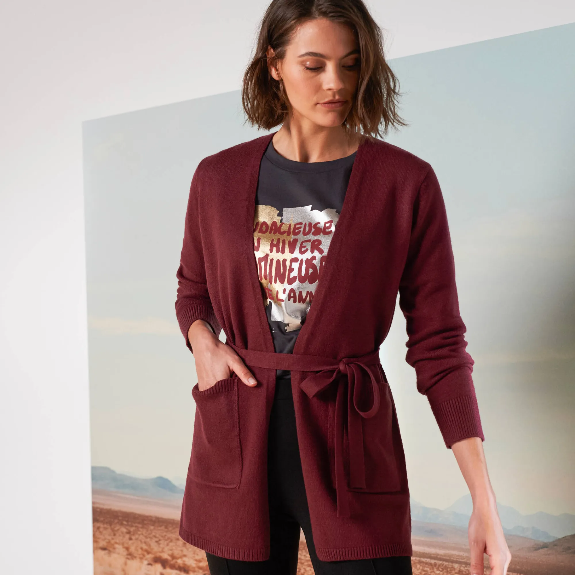 Trui En Vest<Blancheporte Lang vest, bindceintuur bordeaux