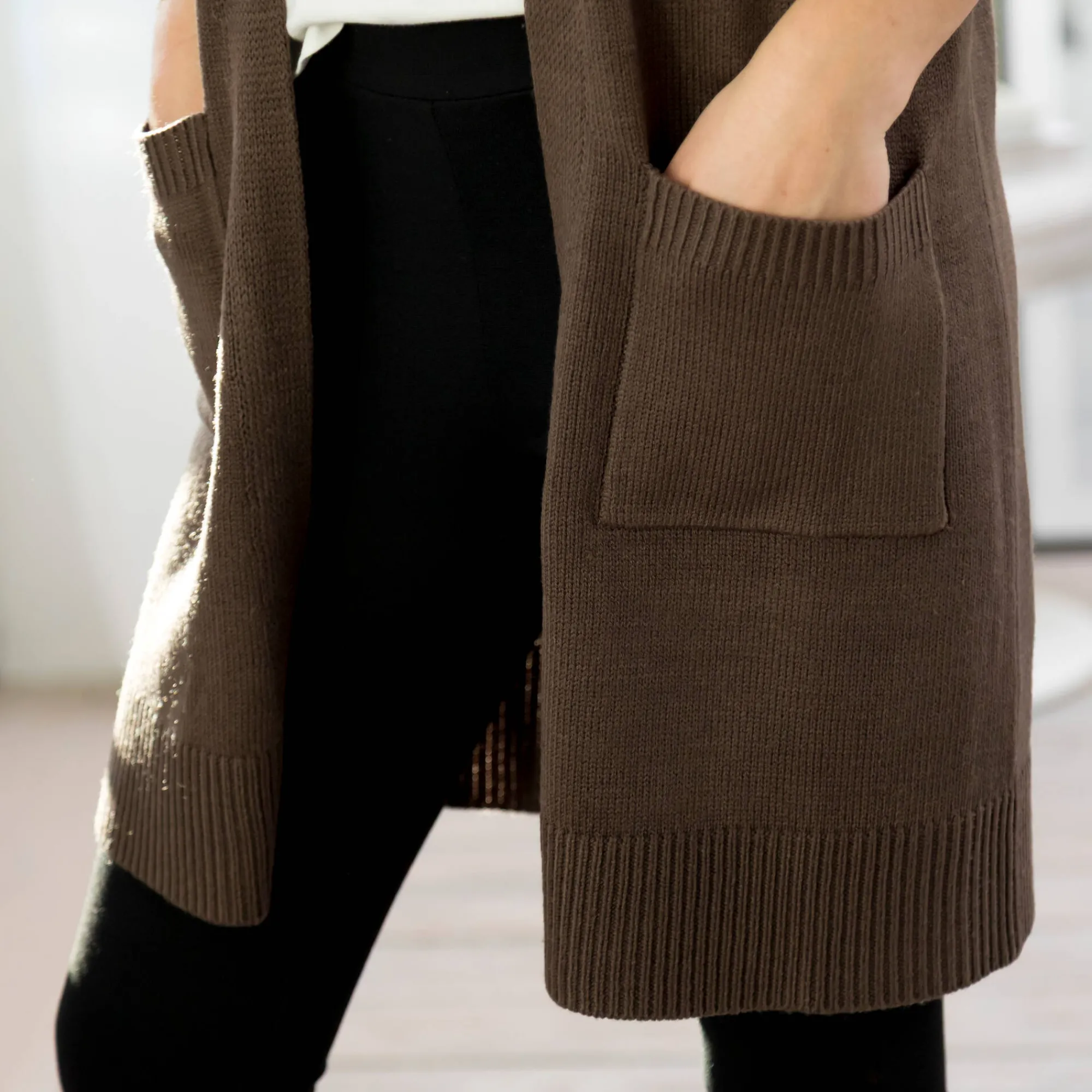 Trui En Vest<Blancheporte Lang vest om open te dragen, V-hals chocolade