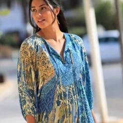 Jurk<Blancheporte Lange bedrukte jurk, crepon blauw / aqua