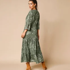 Jurk<Lora Zellini Lange, bedrukte jurk met 3/4-mouwen, details in macramé kaki