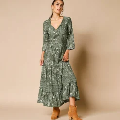 Jurk<Lora Zellini Lange, bedrukte jurk met 3/4-mouwen, details in macramé kaki
