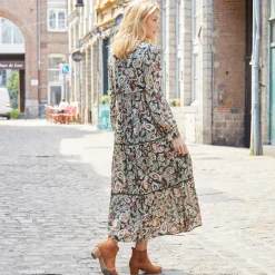 Jurk<Blancheporte Lange, bedrukte jurk met stroken, crepon kaki / roze