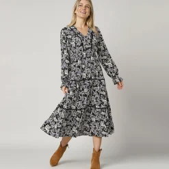 Jurk<Blancheporte Lange, bedrukte jurk met stroken zwart / ecru
