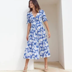 Jurk<Blancheporte Lange bedrukte jurk, uitlopend model blauw