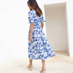Jurk<Blancheporte Lange bedrukte jurk, uitlopend model blauw