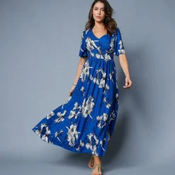Jurk<Blancheporte Lange, bedrukte jurk, uitlopende mouwen blauw