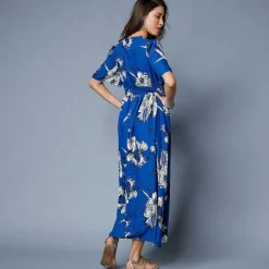 Jurk<Blancheporte Lange, bedrukte jurk, uitlopende mouwen blauw