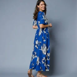 Jurk<Blancheporte Lange, bedrukte jurk, uitlopende mouwen blauw