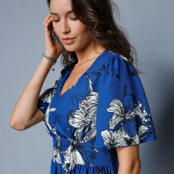 Jurk<Blancheporte Lange, bedrukte jurk, uitlopende mouwen blauw