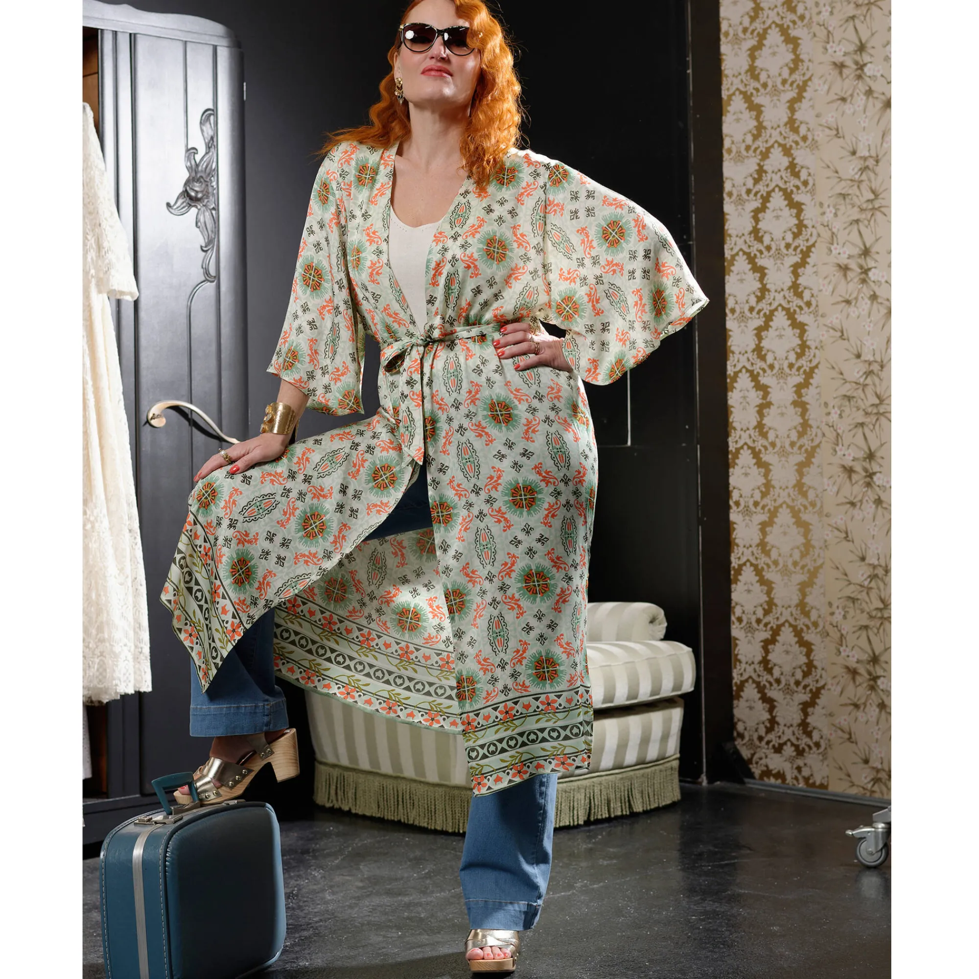 Bloes En Tuniek<Blancheporte Lange, bedrukte kimono « Roubaix Nostalgie » - Marilyn Feltz watergroen / koraal