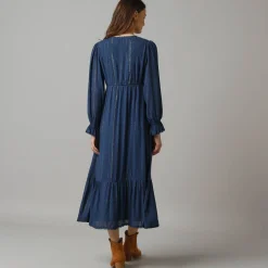 Feestoutfits Dames|Jurk<Lora Zellini Lange bohemian jurk, crepon en glansdraad marine