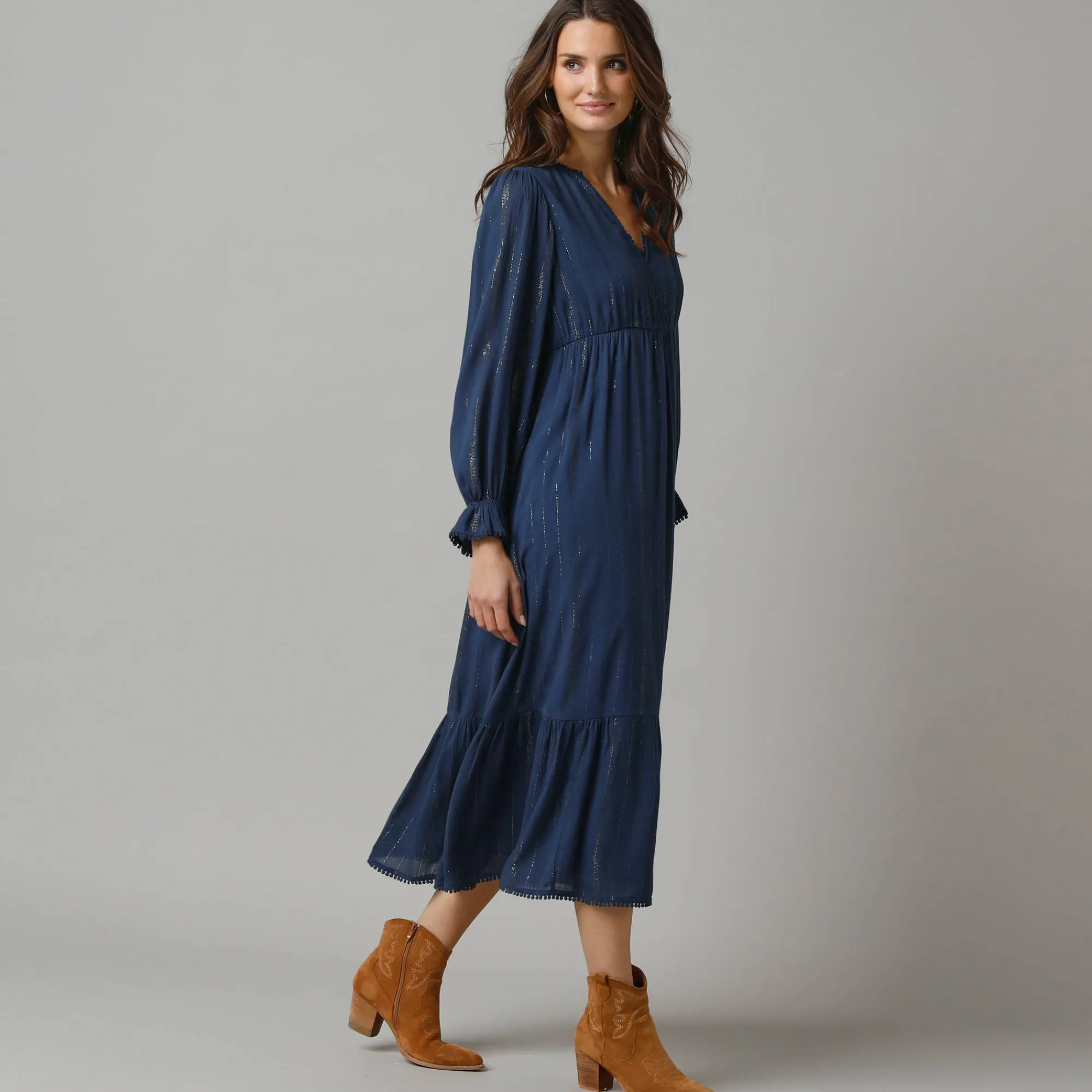 Feestoutfits Dames|Jurk<Lora Zellini Lange bohemian jurk, crepon en glansdraad marine