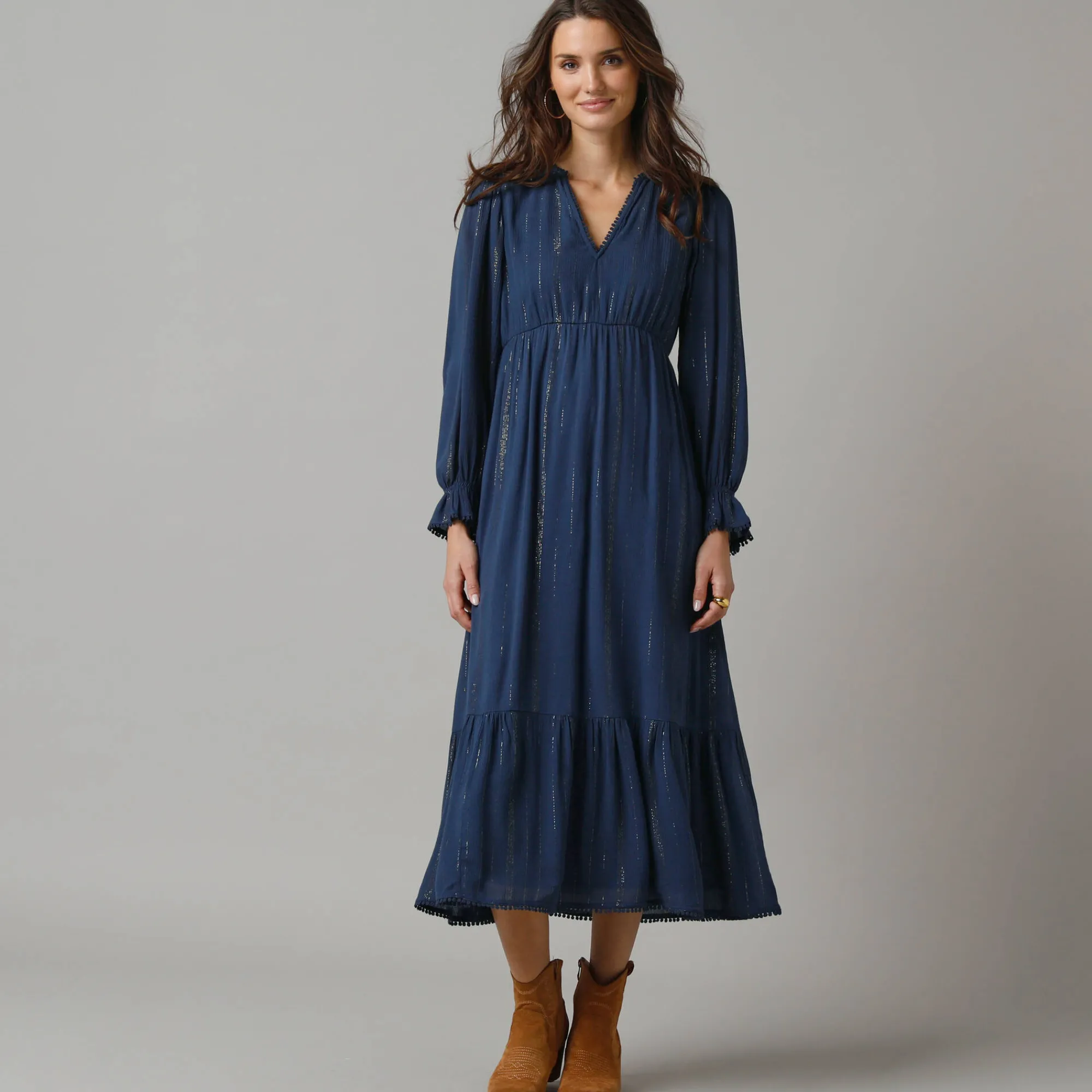 Feestoutfits Dames|Jurk<Lora Zellini Lange bohemian jurk, crepon en glansdraad marine