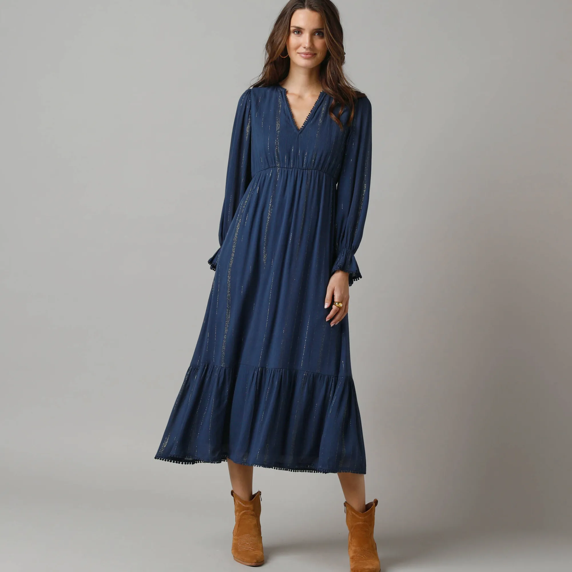 Feestoutfits Dames|Jurk<Lora Zellini Lange bohemian jurk, crepon en glansdraad marine