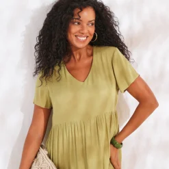 Jurk<Blancheporte Lange effen jurk met V-hals, crêpe mosgroen